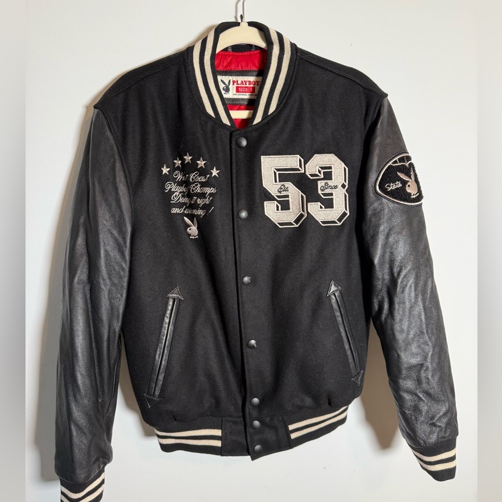 Playboy Varsity Bomber Jacket Small NWT Black Wool Leather Sleeves Y2K‎ Sorona